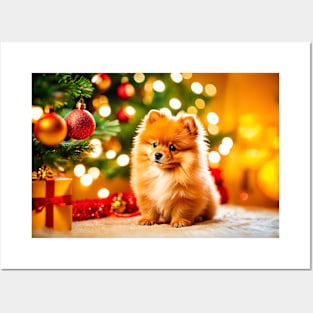 Cute Pomeranian Puppy Dog at Christmas Posters and Art